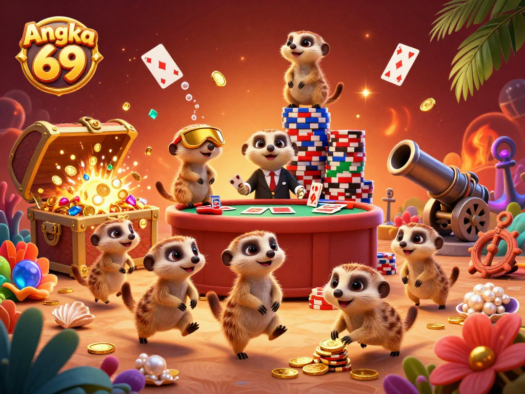 Experience Angka 69's vibrant casino atmosphere with meerkats managing games and treasures.