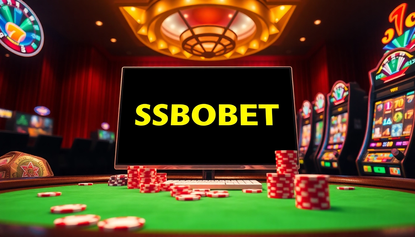 Experience thrilling betting with the SBOBET link featuring vibrant poker chips and slot machines in an exciting online gambling setting.