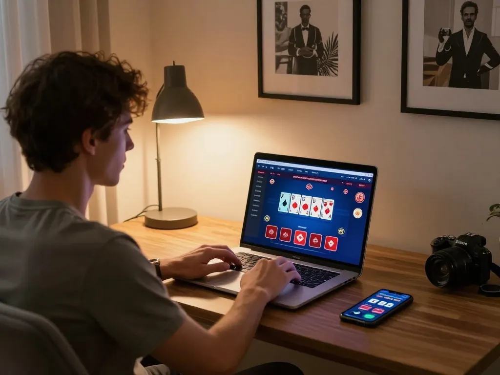 Kuwin gaming scene with player enjoying online poker at home in cozy atmosphere