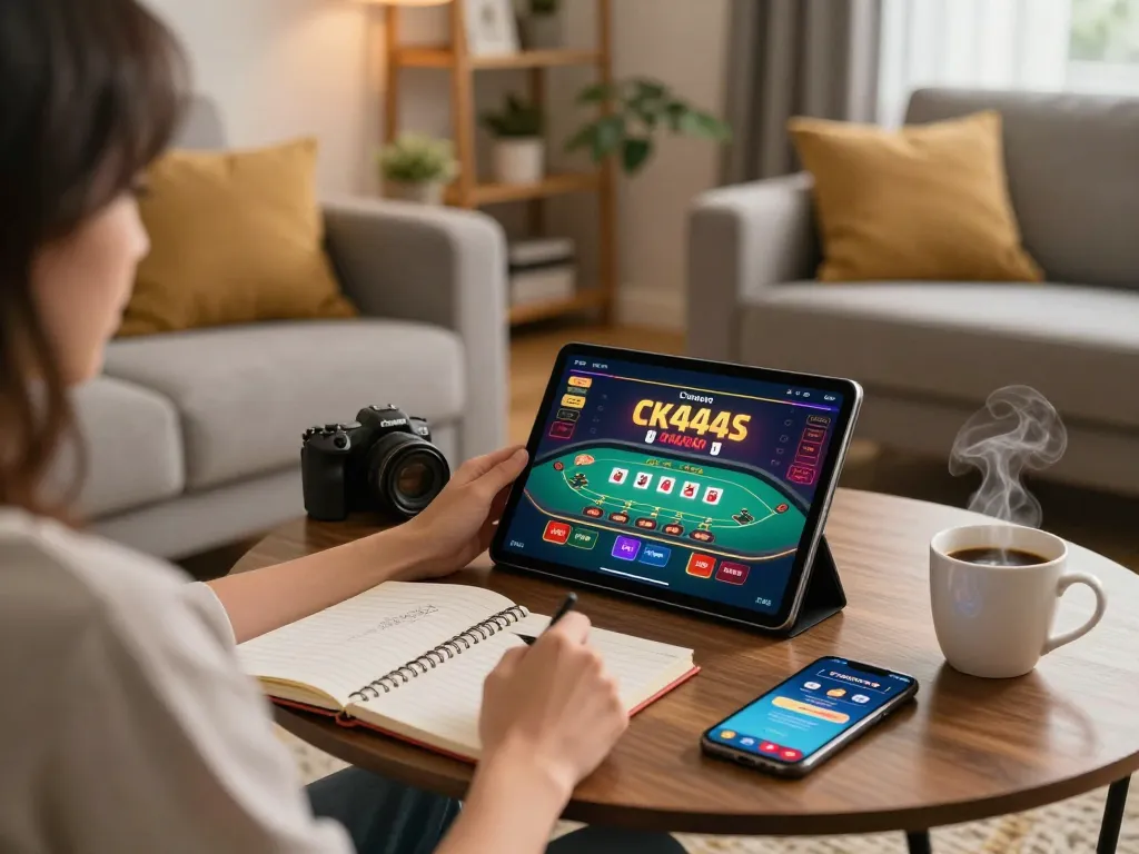 Player engaging with ck444s.net live casino on a tablet in cozy living room, showcasing genuine online gaming experience.