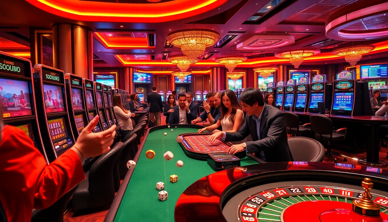 SODO casino players excitedly strategizing at a vibrant gambling table.
