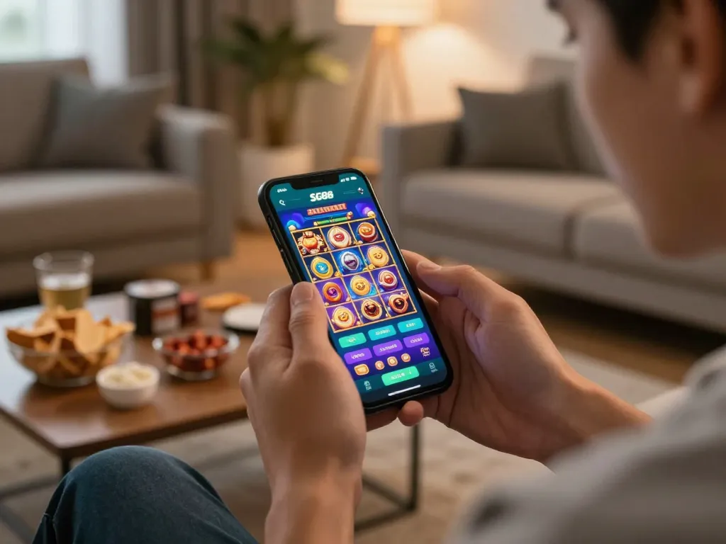 Experience SC88 BET with immersive mobile slots game action in a cozy home setting.