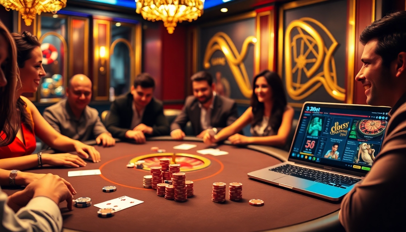 A thrilling game of poker at a luxurious casino featuring 3Dbet elements, including vibrant colors and professional atmosphere.