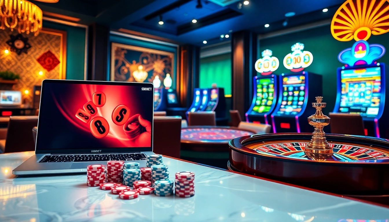 SBOBET casino experience showcasing poker chips and a roulette wheel in a luxurious online gaming setting.