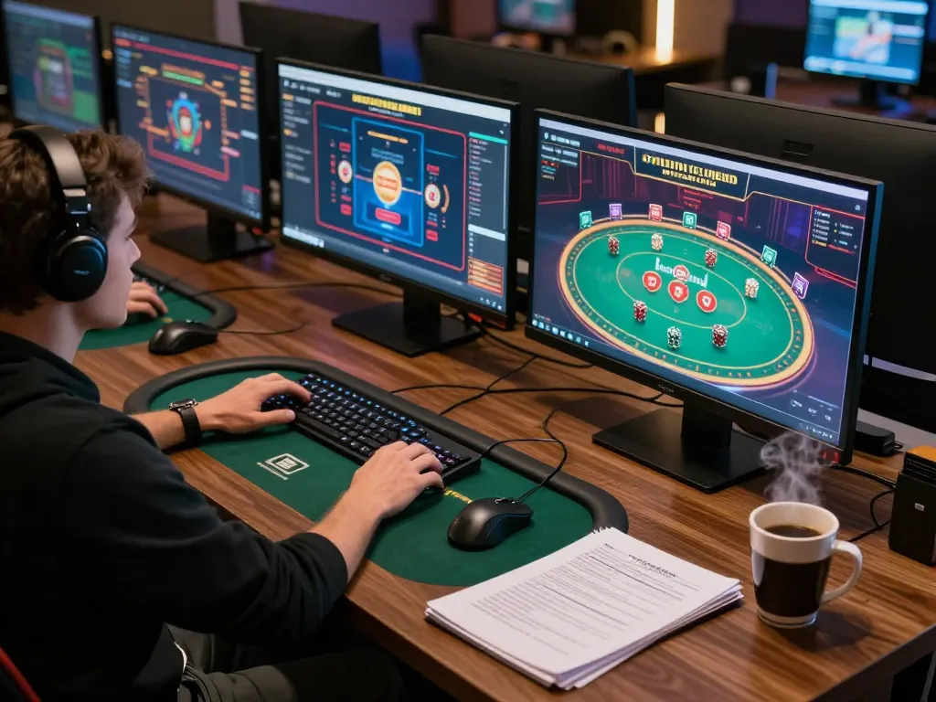A person plays live poker on multiple screens in a professional online gaming setup at https://kjc.events/ showcasing modern casino technology.
