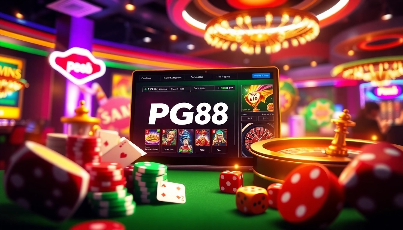 Experience PG88's exciting online casino atmosphere filled with poker chips, cards, and digital games.