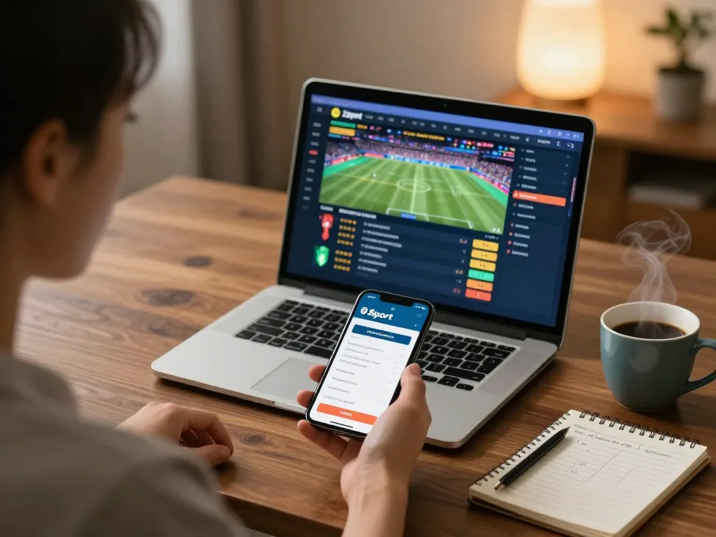 Engaging with Bsport app for live sports betting in a cozy home setting with strategic notes.