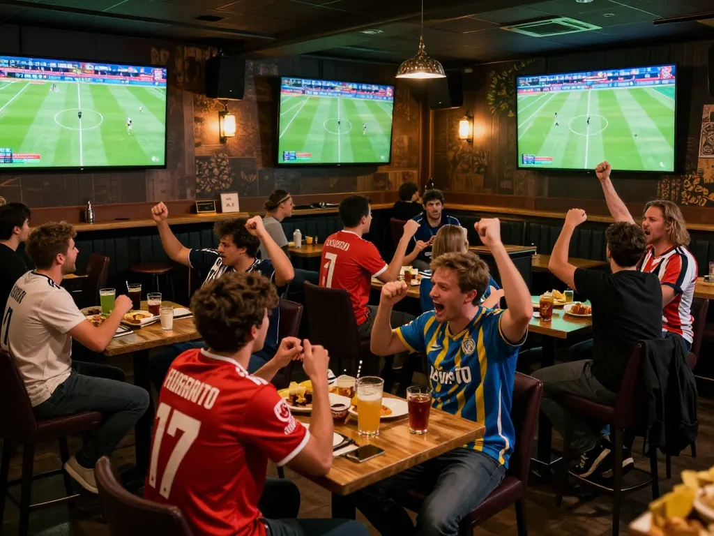 Excited gamblers placing bets at NK88 sports betting venue during live Bundesliga matches