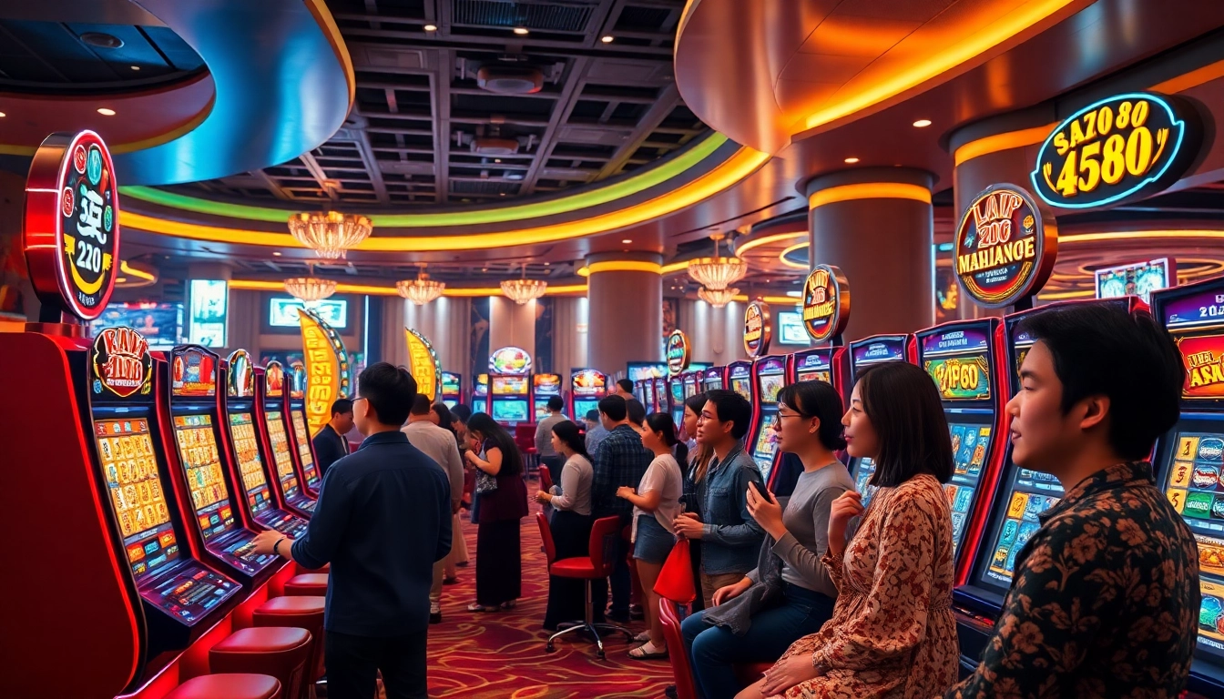 Experience thrilling gameplay at king88 in a vibrant online casino setting, showcasing diverse players and luxurious slot machines.