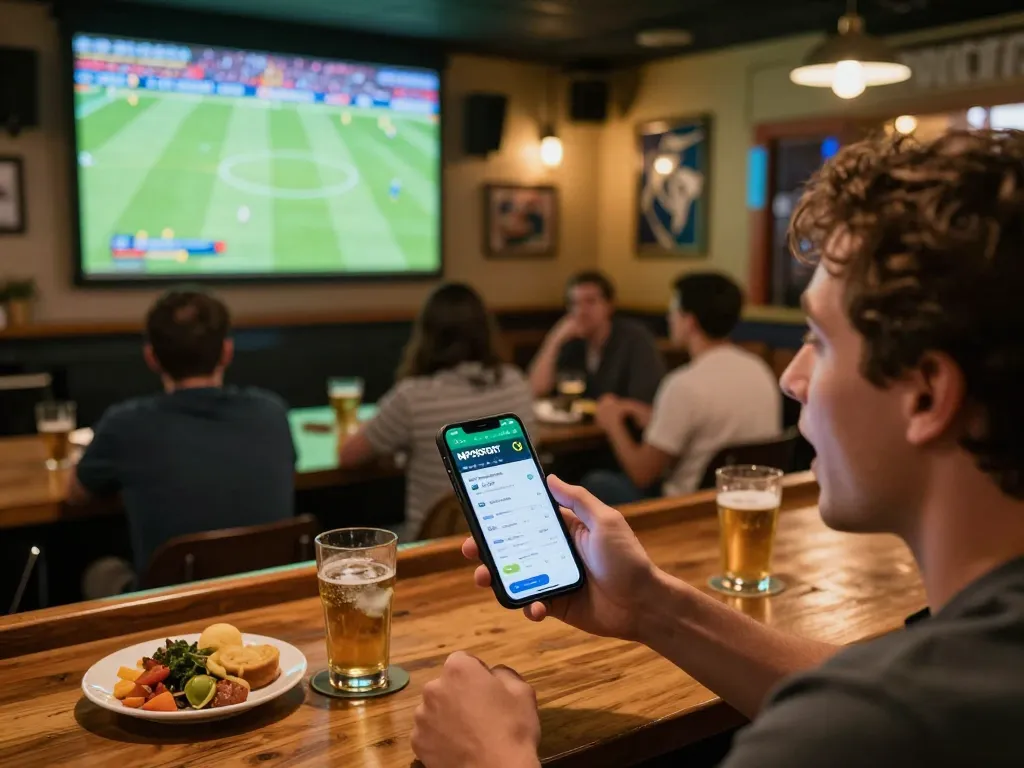 Person engaging with MPOSPORT betting app during a lively sports match, enhancing their steaksnlobsters experience.