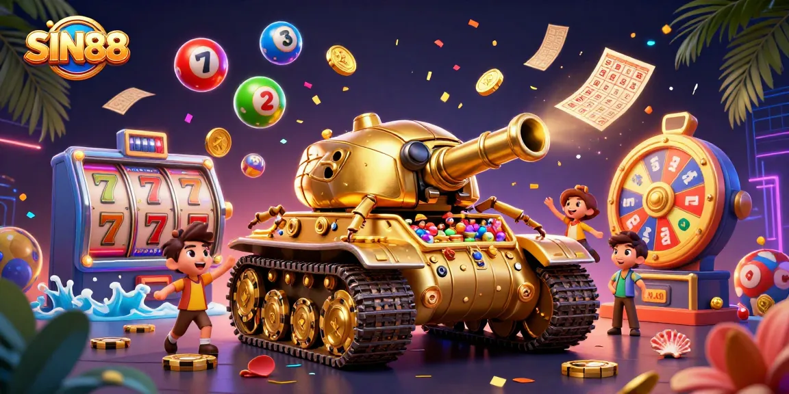SIN88 brings excitement with a golden beetle tank, revealing a miniature casino and vibrant lottery elements.