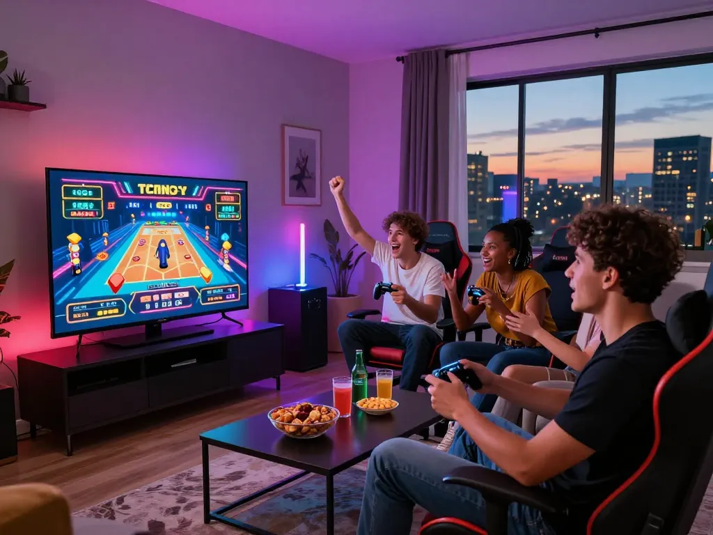 Group of friends enjoying a gaming night with TV88 net casino games in a stylish living room setting