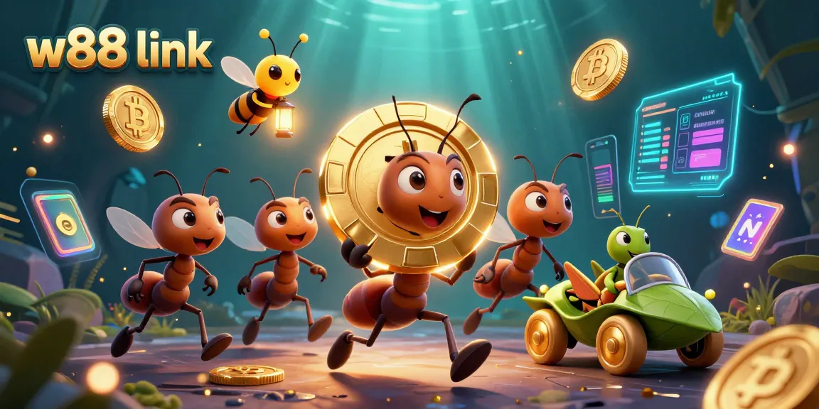 Engage with the exciting w88 link through a colorful illustration of playful ants and crypto elements.