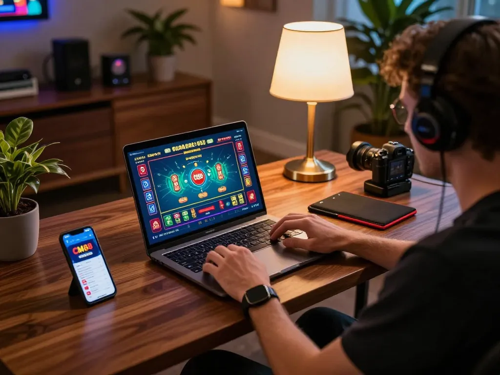 Join the excitement of CM88 gaming as a player engages with live dealer games on a laptop.
