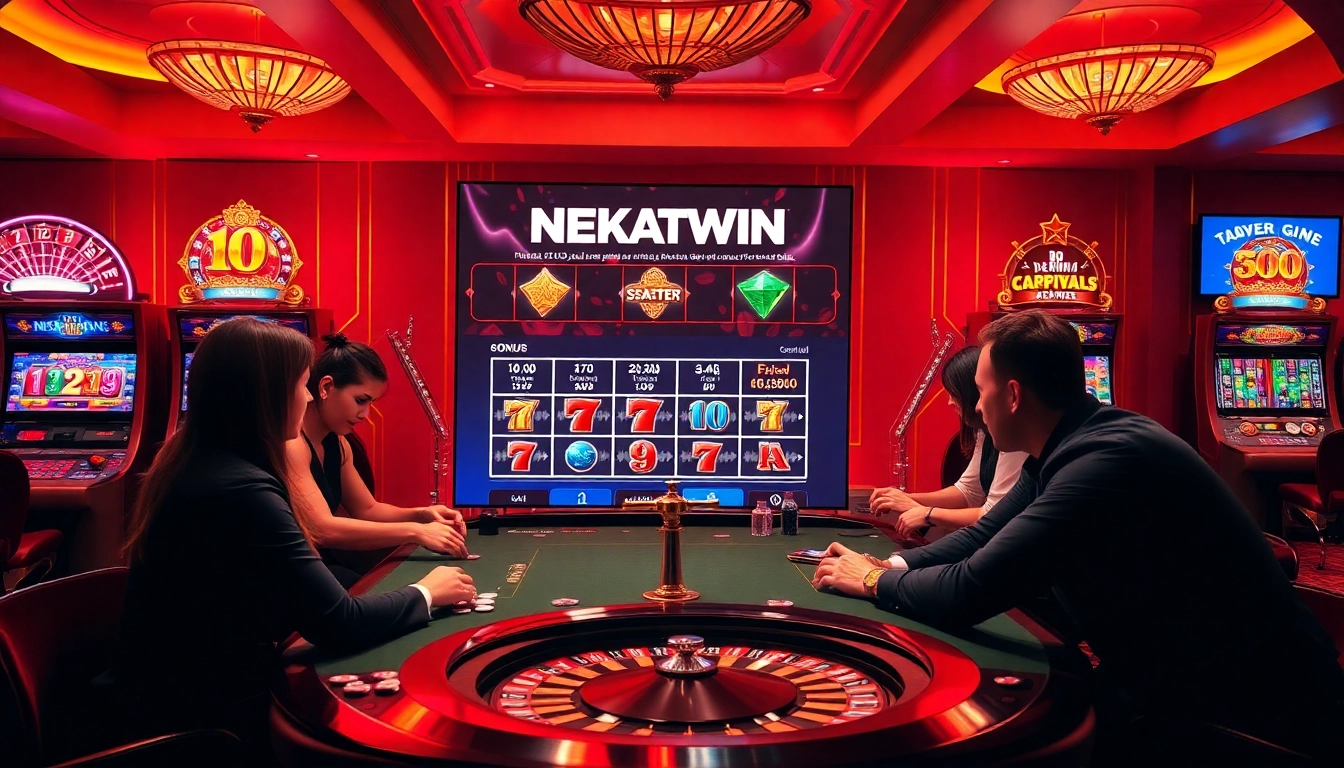 Nekatwin platform illustrating exciting casino action with players and colorful slot machines in a lively setting.