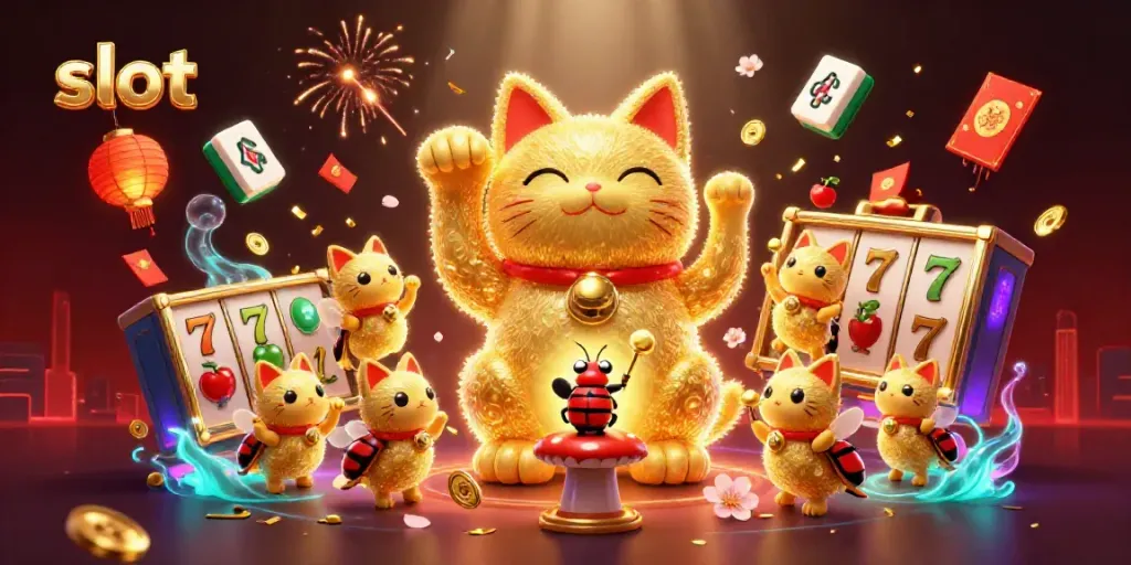 Enjoy a vibrant slot-themed scene with a lucky cat and dynamic elements illuminating the casino atmosphere.