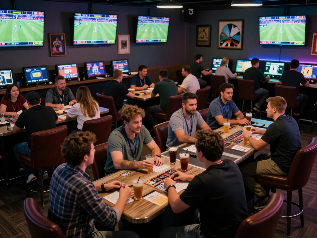 Nowgoal sports bettors engaged in dynamic discussions and placing wagers in an electrifying lounge