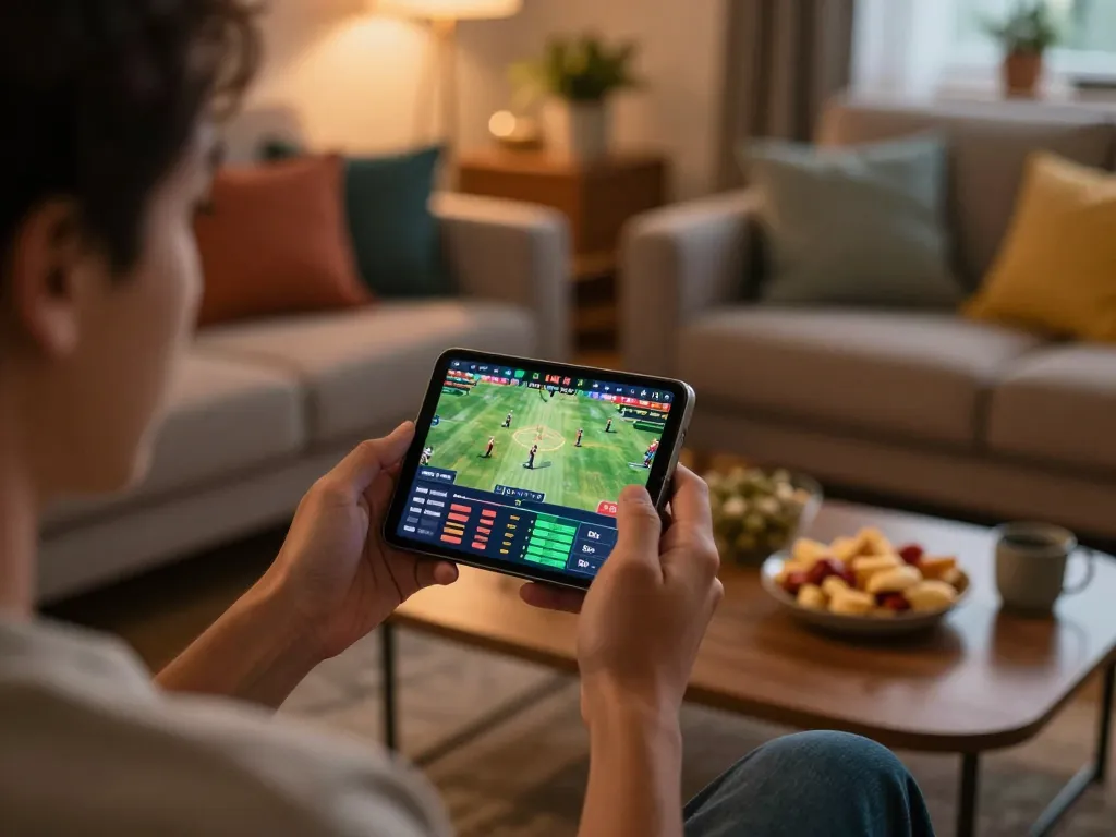 MMOO player placing live sports bets on a smartphone in a cozy home environment
