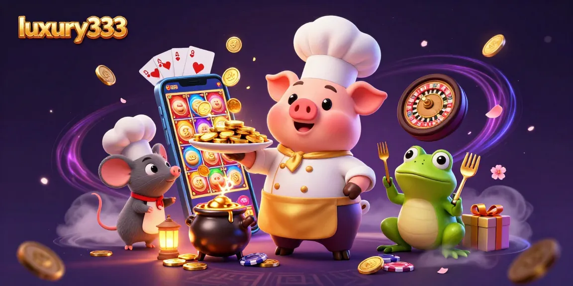 Gambaran menarik tentang luxury333 dengan karakter babi juru masak dan elemen kasino yang penuh warna.