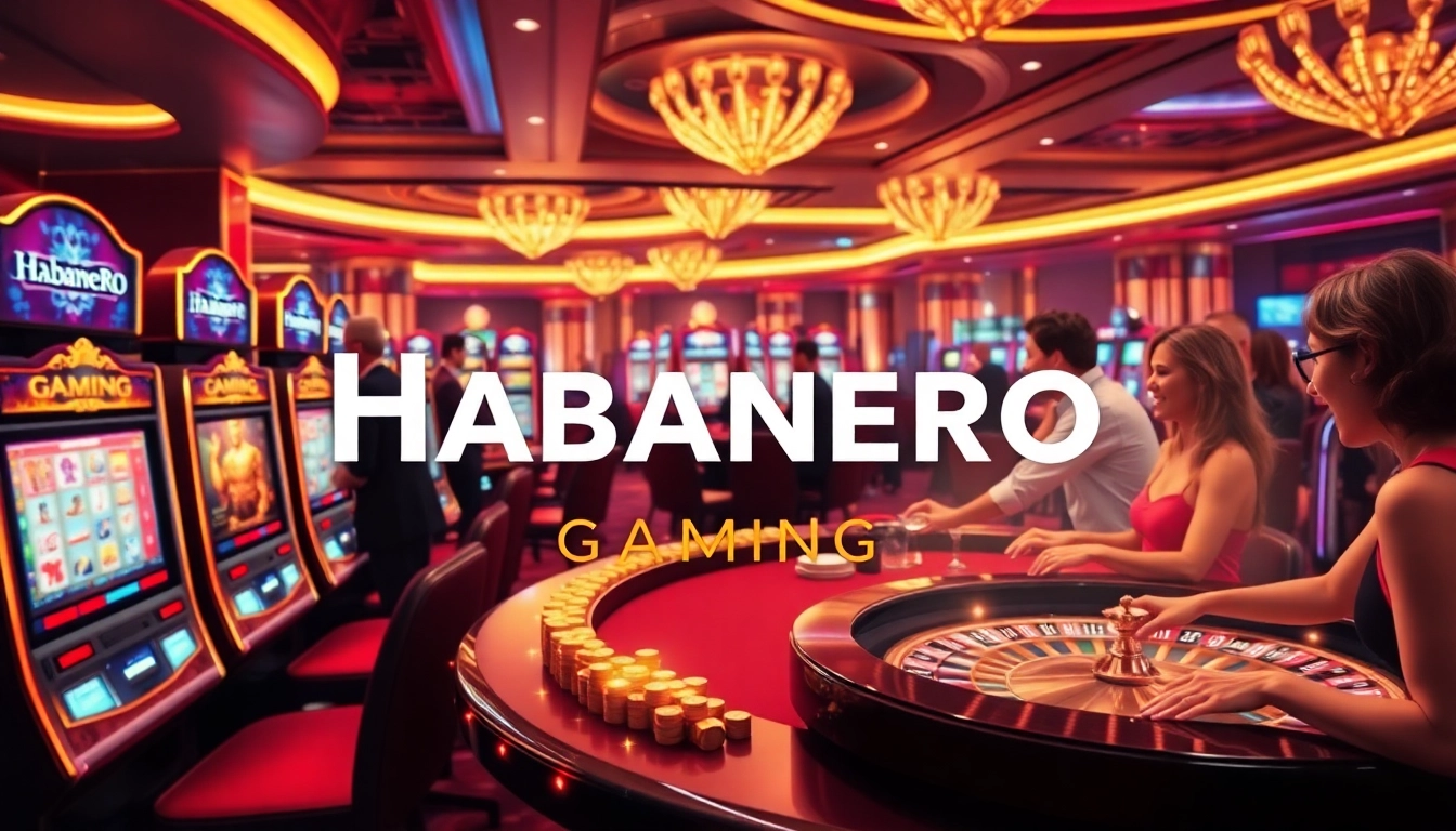Exciting casino gaming ambiance with Habanero Gaming slot machines and players enjoying their bets.