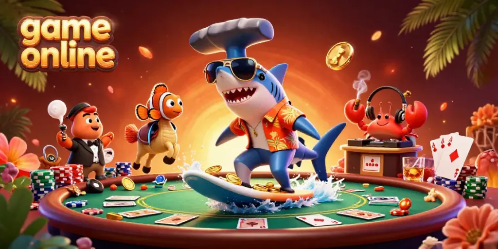 Experience game online excitement with a vibrant shark and friends in a casino-themed adventure.