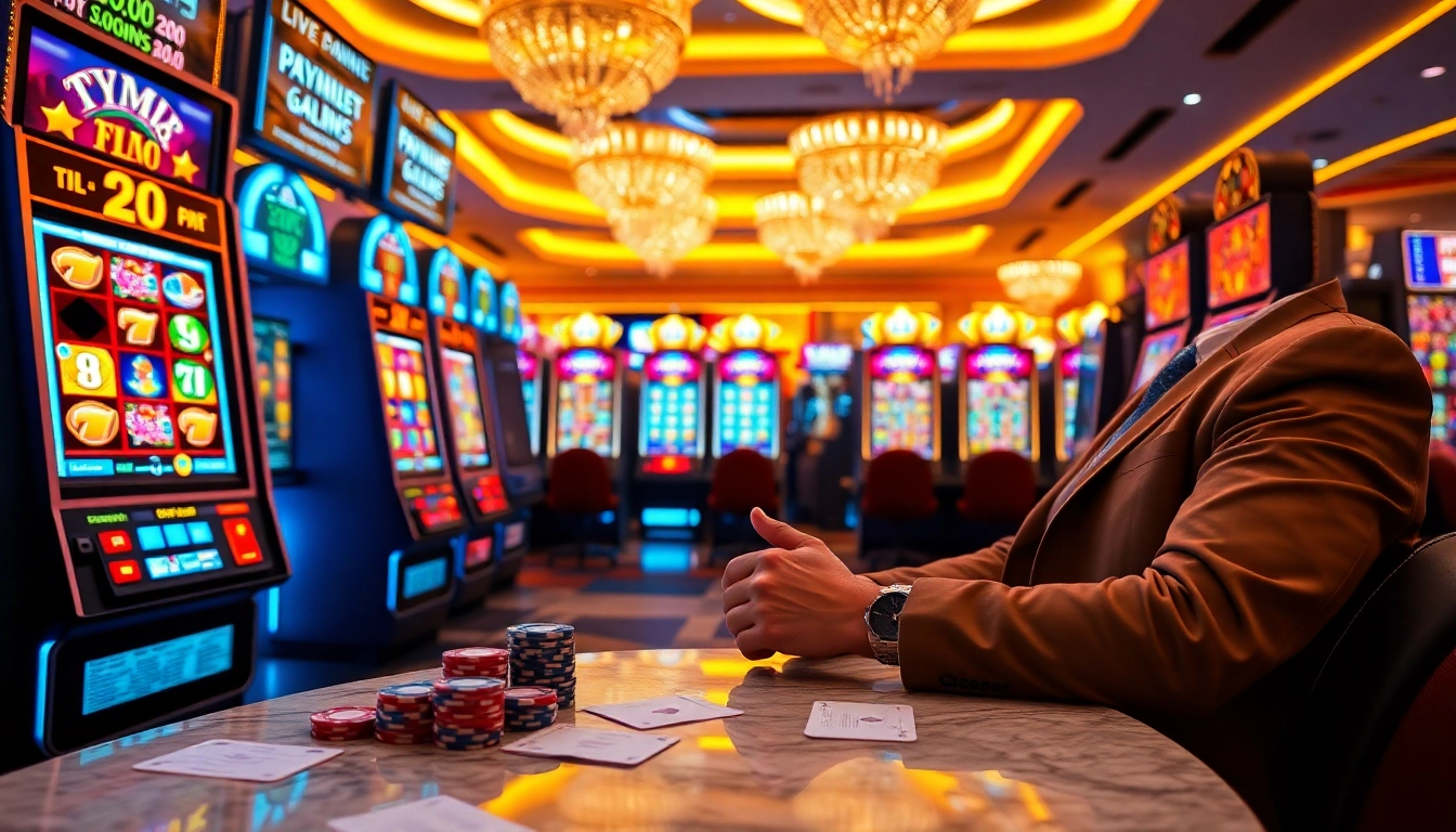 Professional gambler spinning game nổ hũ slot machine with vibrant jackpot symbols and RTP display