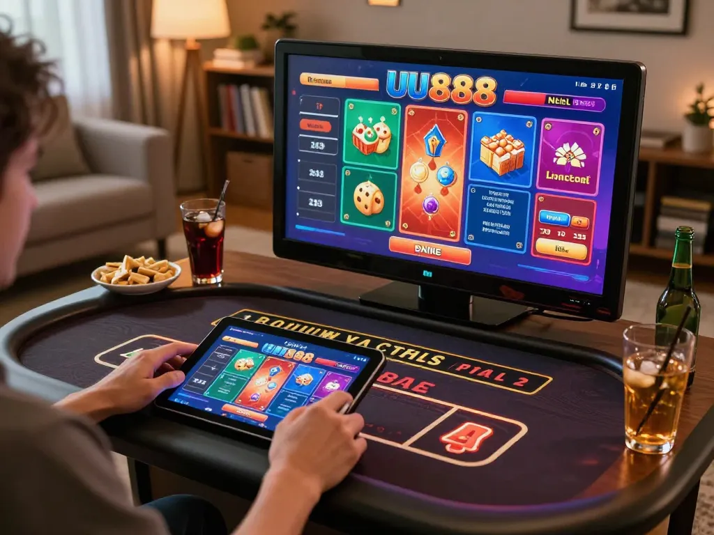 Player engaging in live u888 dealer game on tablet in cozy home setting, showcasing online gaming atmosphere