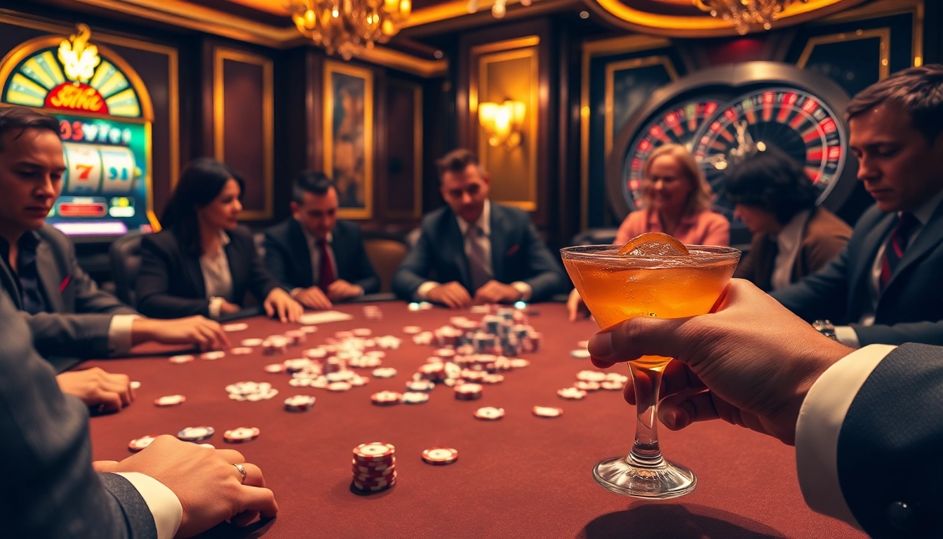 Players strategizing at a poker table while experiencing win 13, with vibrant slot machines in the background.