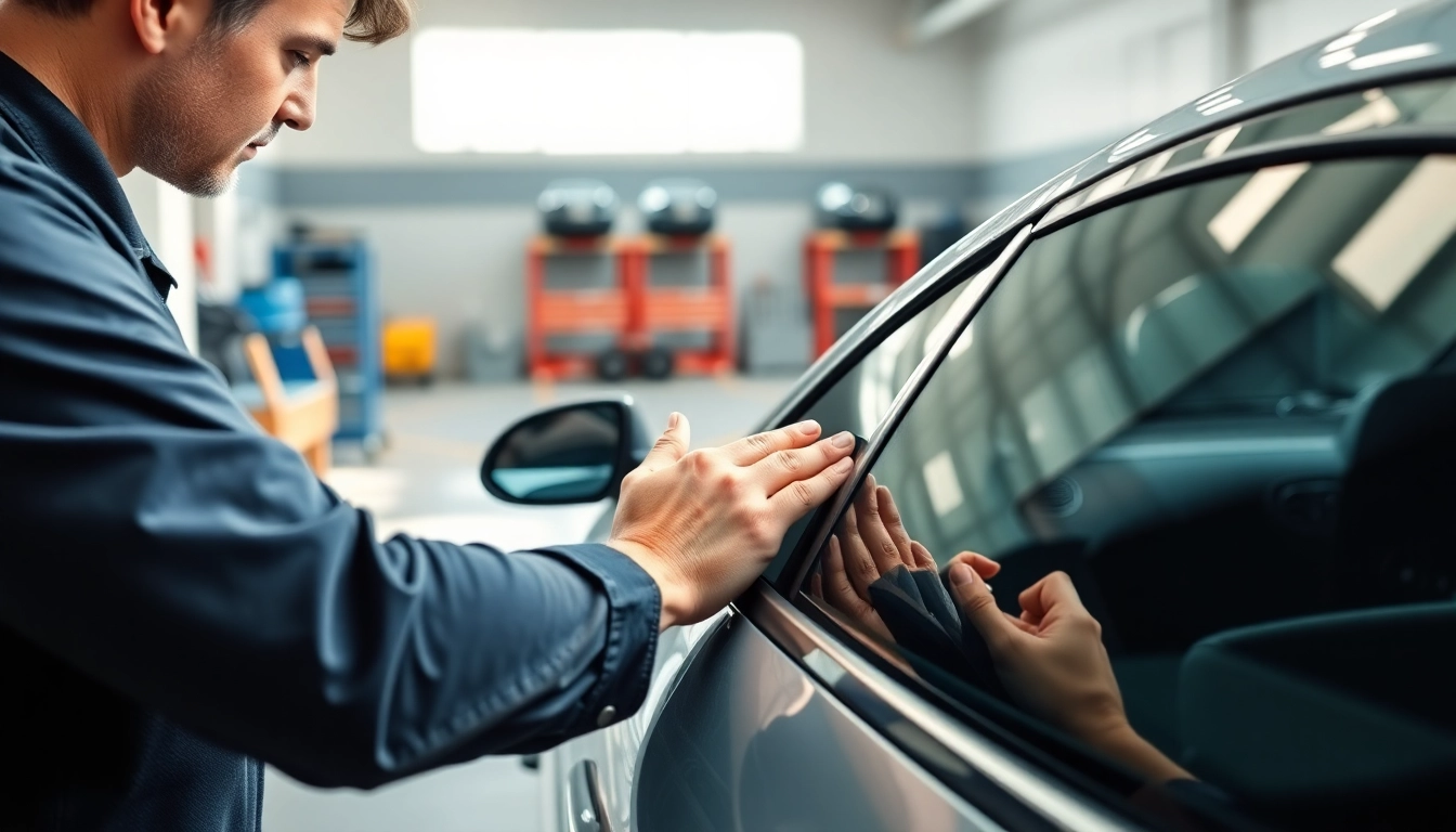 Applying window tint near me by a skilled technician on a vehicle's window for better privacy.