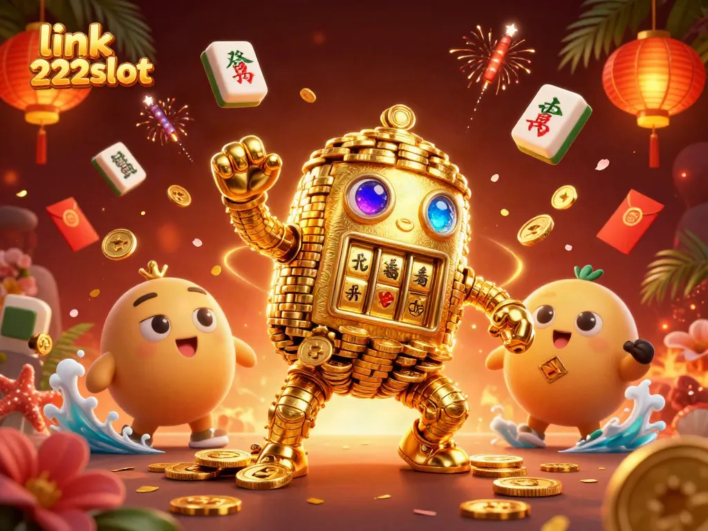 Menangkan slot menarik di link 222slot dengan golem emas bertema perjudian yang dikelilingi simbol keberuntungan.