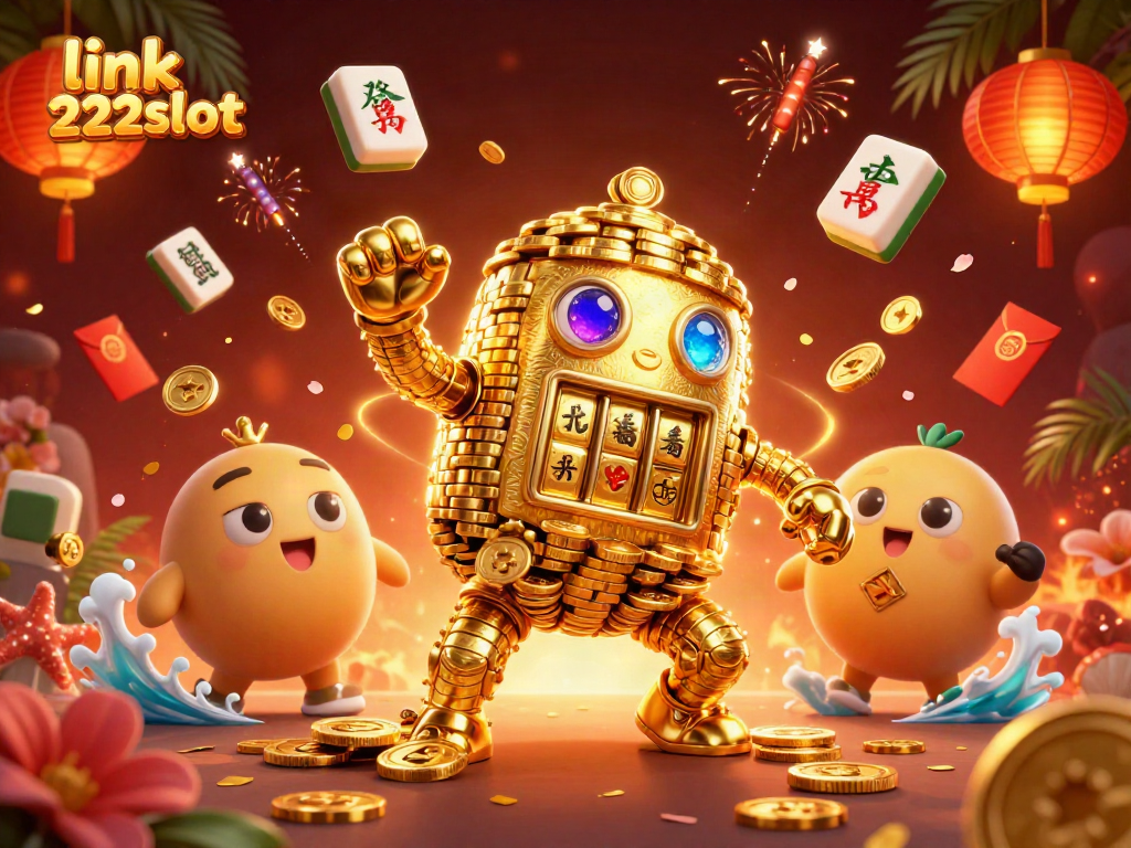 Menangkan slot menarik di link 222slot dengan golem emas bertema perjudian yang dikelilingi simbol keberuntungan.
