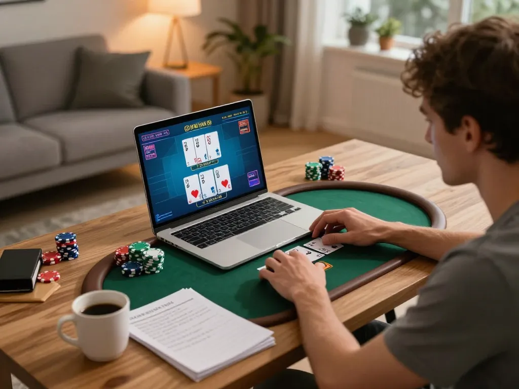 Player immersed in online poker at home, showcasing TG88 gaming excitement and strategy