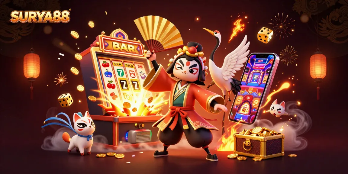 SURYA88's thrilling 3D scene of a kabuki warrior amidst a jackpot explosion and vibrant casino elements.