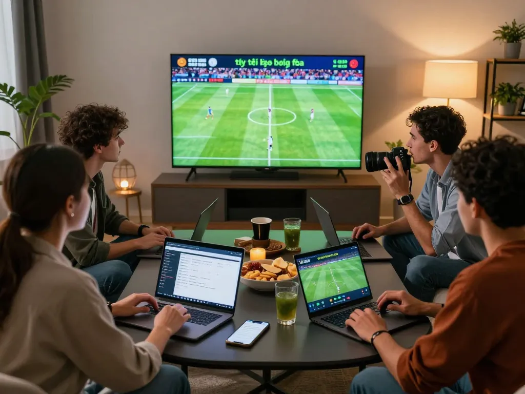 Friends analyzing tỷ lệ kèo bóng đá while watching a soccer match, showing excitement and engagement in a modern living room.