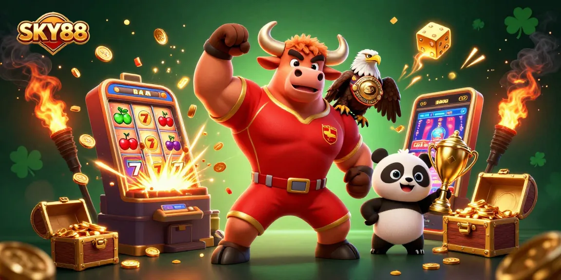 Celebrate big wins with SKY88 at a lively casino scene featuring a bull, eagle, and panda.