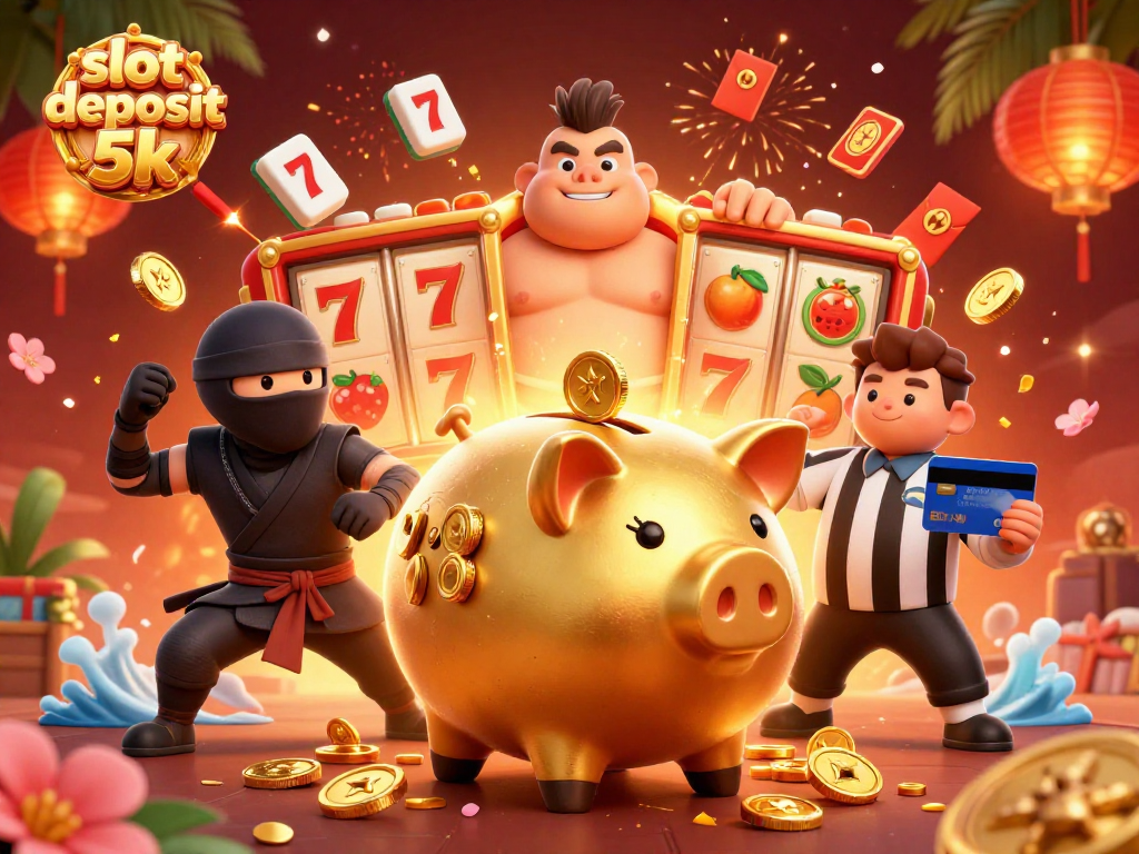 Experience thrilling action with slot deposit 5k as piggy bank wrestles with colorful casino elements.