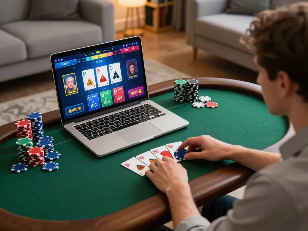 Tập đoàn okwin player engaged in strategic online poker gaming from home setting