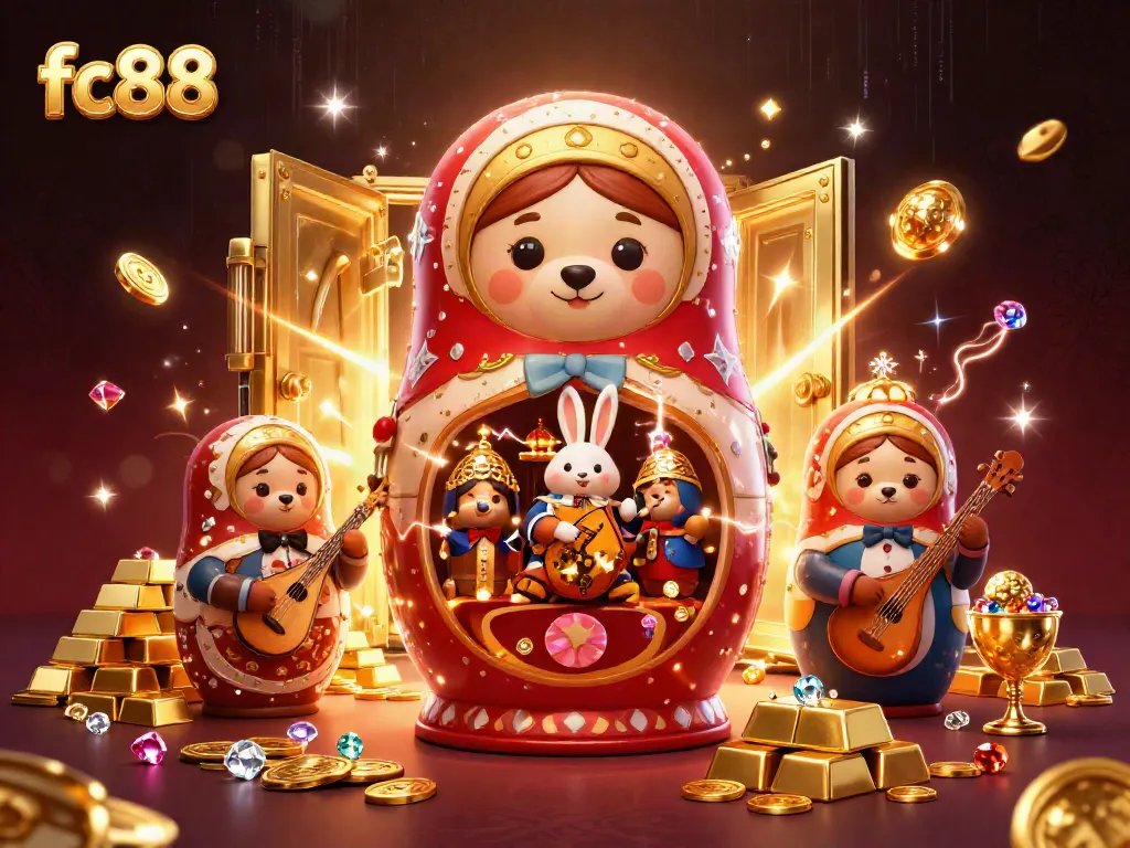 Engage with fc88's vibrant 3D illustration showcasing a festive casino scene with playful characters.