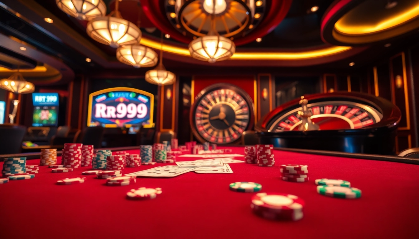 Experience the thrill of rr99 at a lavish casino table with colorful chips and exciting games.