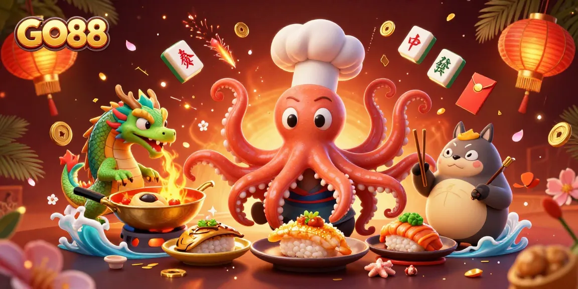 Experience GO88's vibrant gaming scene with an octopus chef and lively dragon in a 3D illustration.
