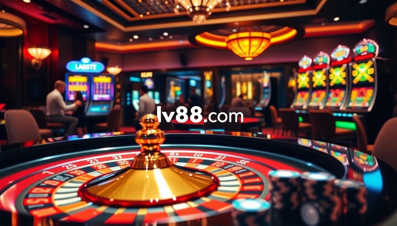 Experience the excitement of gaming at lv88.com with engaging casino visuals featuring roulette and vibrant slot machines.