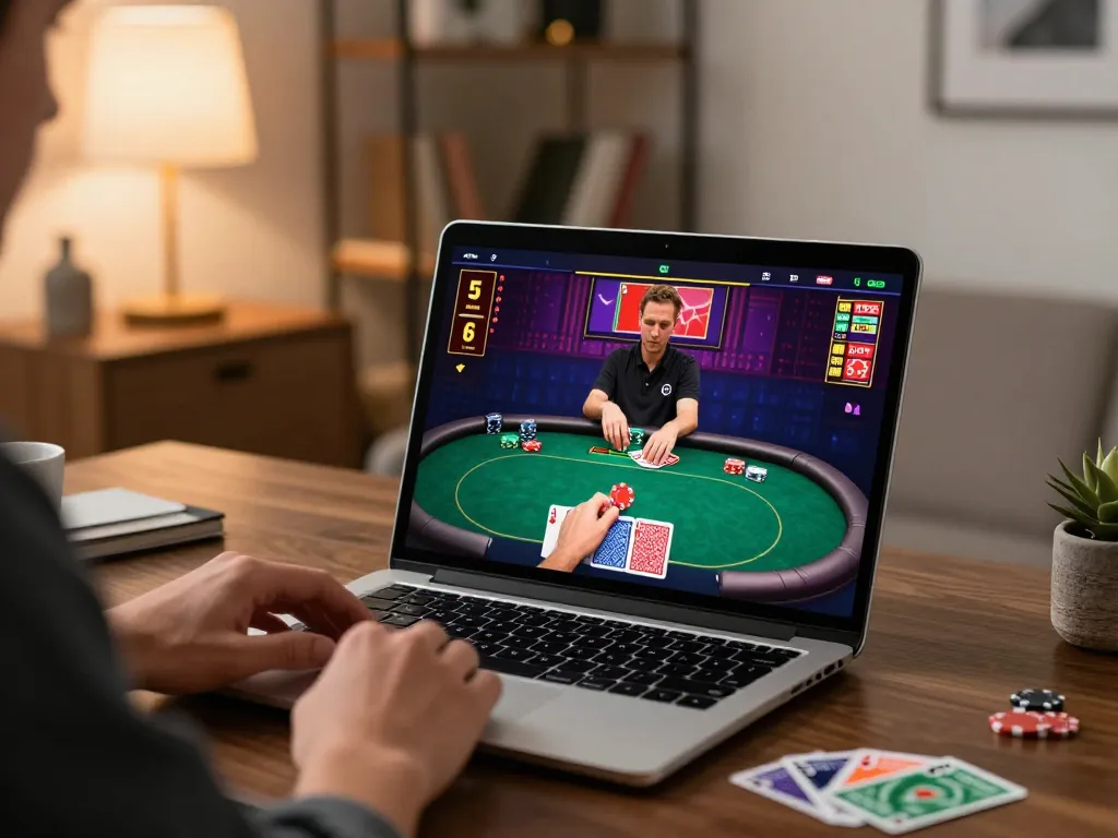 Player enjoying online poker game on a laptop with strategic thoughts at okking1.