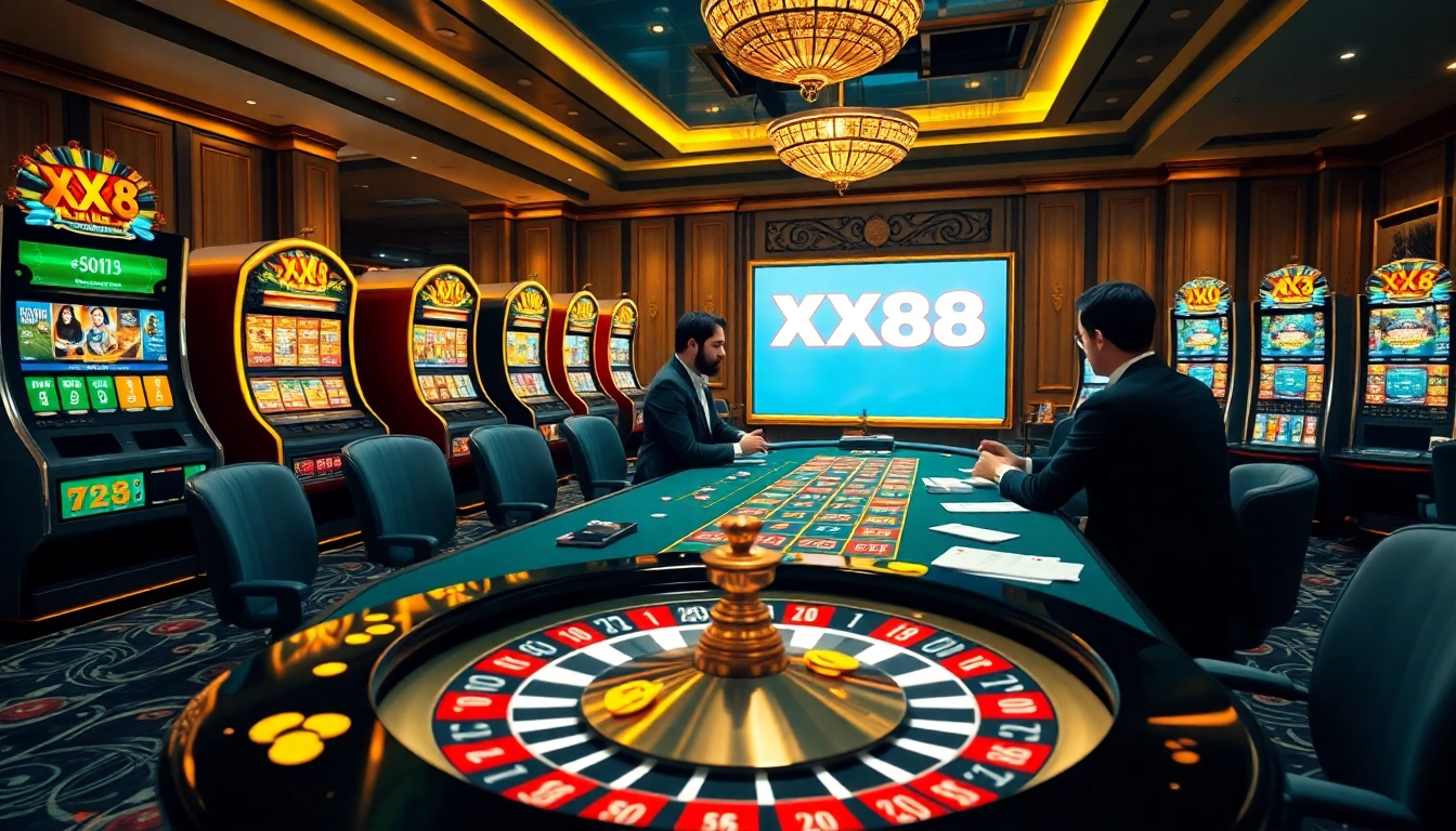 Players enjoying high-stakes Baccarat at nhà cái XX88, surrounded by luxury and excitement in the casino.