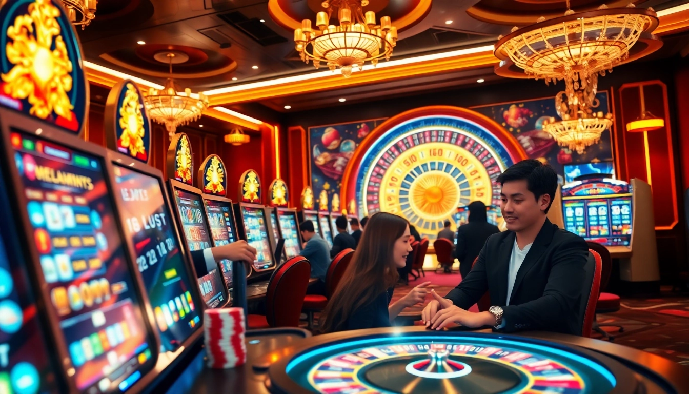 Sizzling gameplay at a situs gacor featuring players celebrating wins with jackpot slot machines and vibrant casino decor.