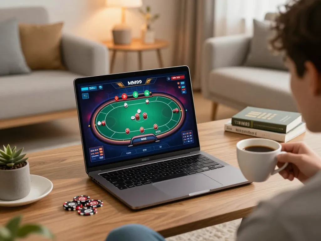 Engaging in MM99 COM poker game at home, showcasing dynamic online gameplay.