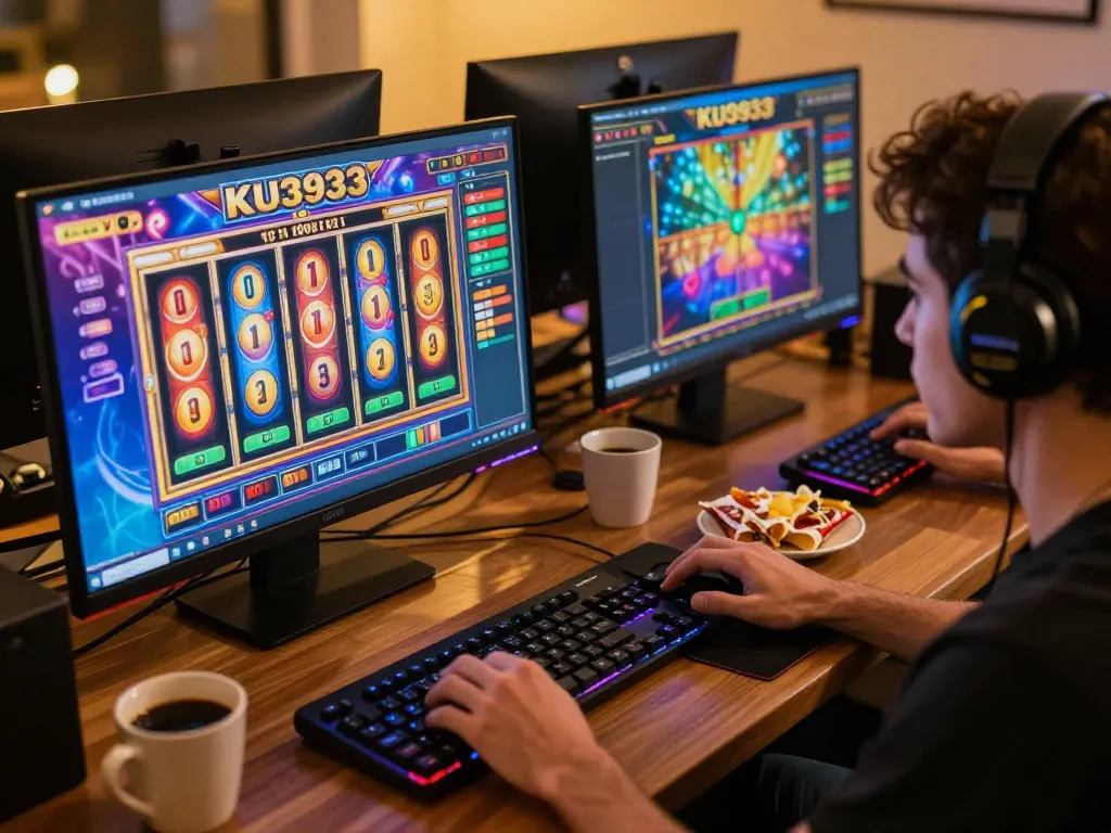 Player engaging with KU3933 slot games on a laptop, illustrating online gambling excitement and personalization.