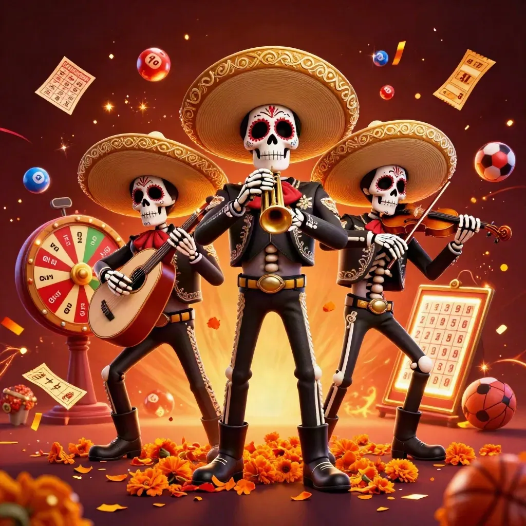 Three skeleton mariachi players amid casino props, lottery balls, fireworks, and a soccer ball