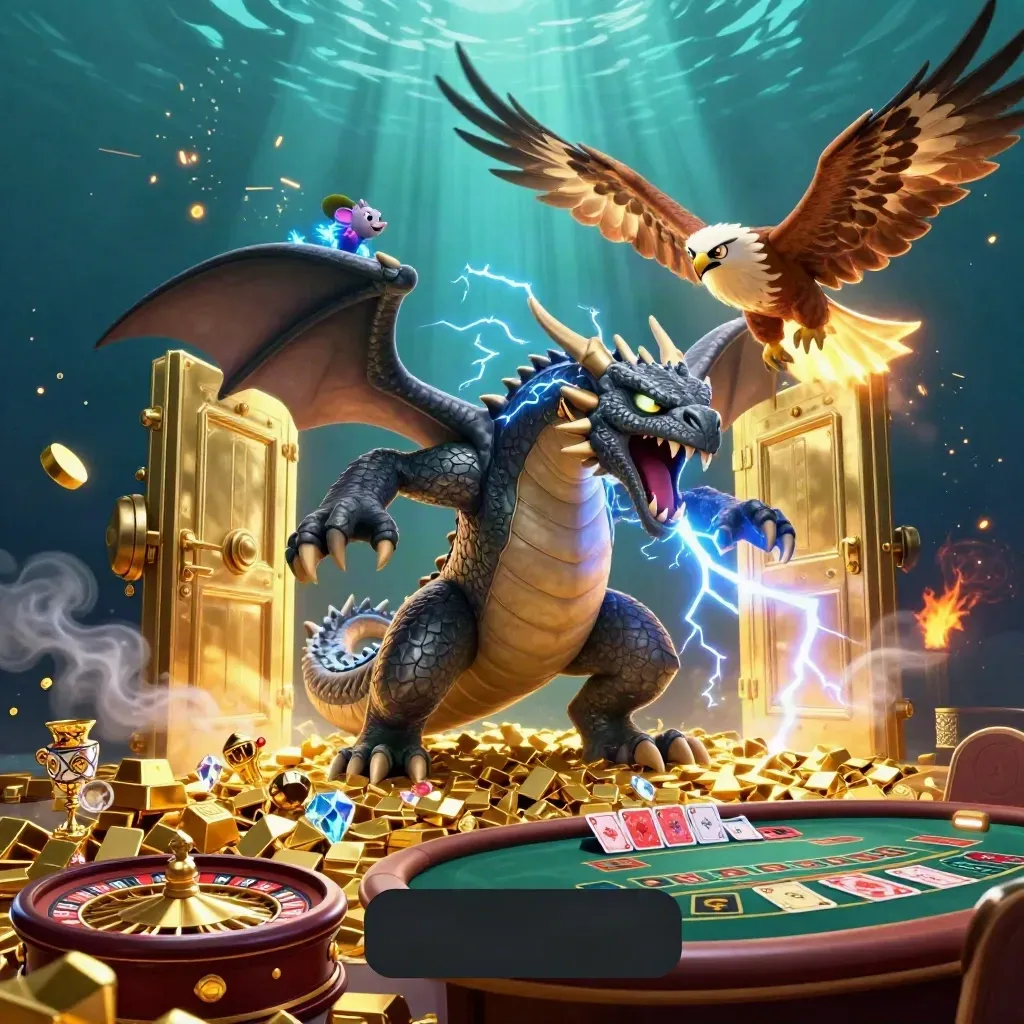 Thunder dragon, hawk, and crackling mouse amid a vault blast and casino treasures.
