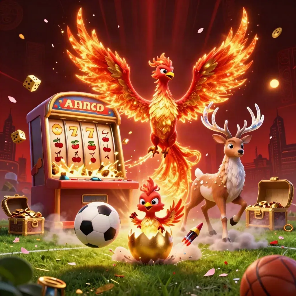 Phoenix, stag, slot machine and sports balls explode in a luxe casino fantasy.