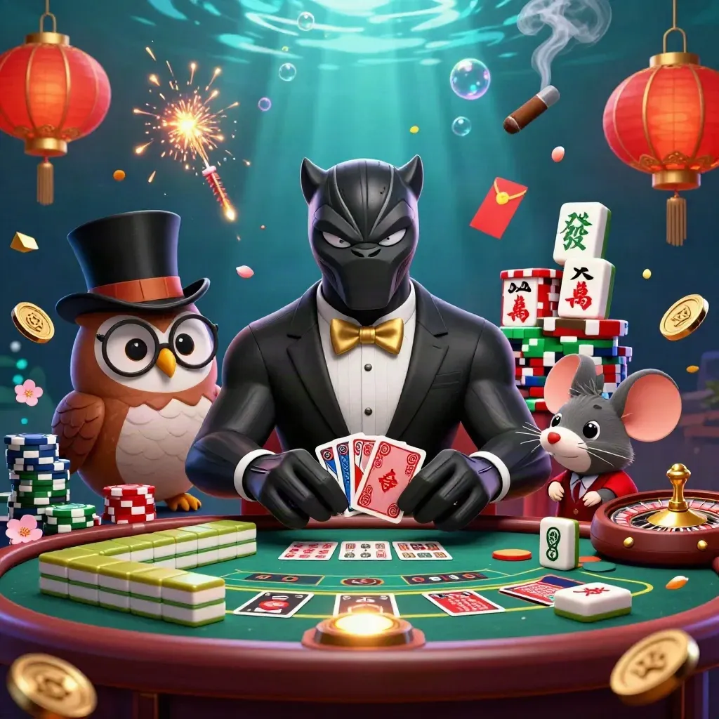Black panther, owl, and mouse in luxe casino scene with glowing underwater light